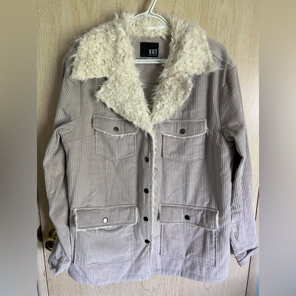 KUT from the Kloth Faux Fur Lined Classic Corduroy Jacket in Grey Sz Large - Picture 1 of 10